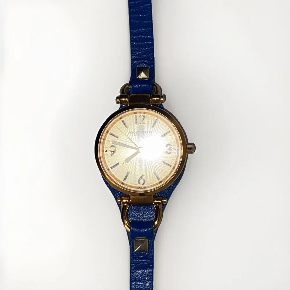 Akribos XXIV AK761BU Swiss Quartz Goldtone Blue Leather Strap Womens Watch